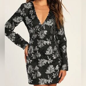 Elegant Taste Black and Silver Floral Jacquard Mini Dress